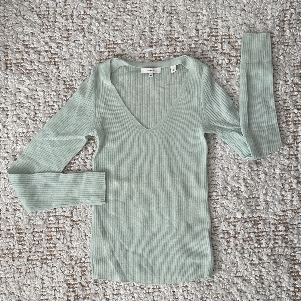 Vince. Mint Green Ribbed V-Neck Sweater
